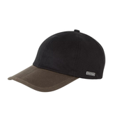 Black baseball style cap with an olive green peak against a white background